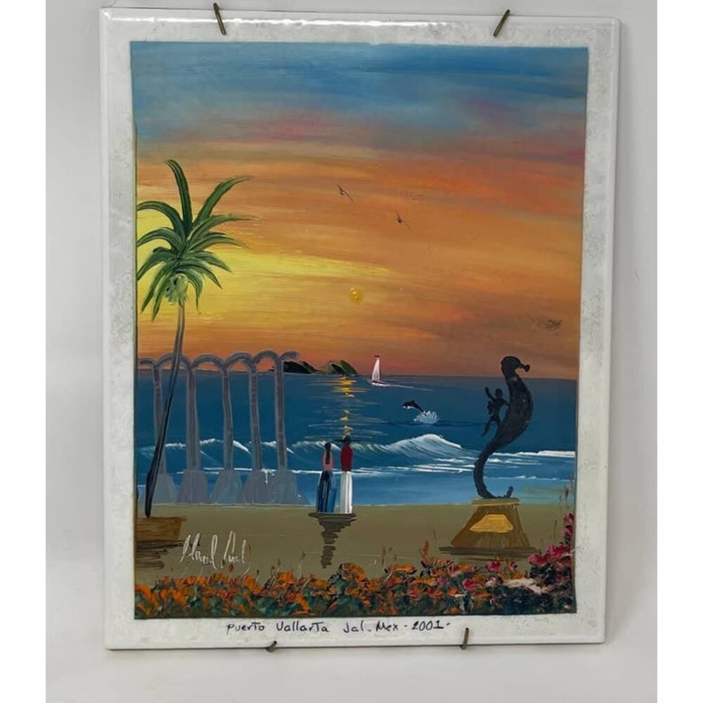 Vtg Hand Oil Paint Spanish Village Mexico Enamel Scenic Sunset Seahorse Art Tile